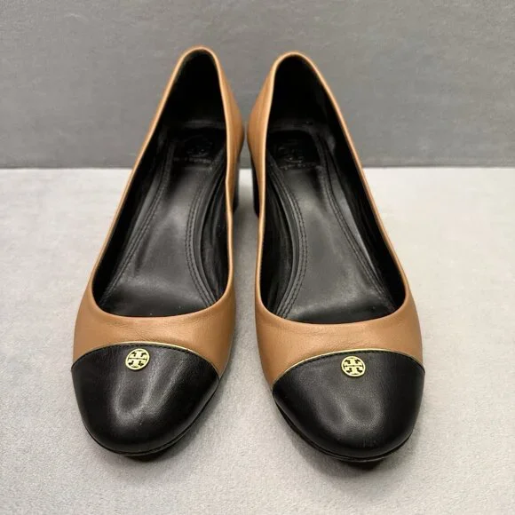 Tory Burch Ethel Two-Tone Tan and Black Leather Block Heel Pumps - Picture 2 of 10